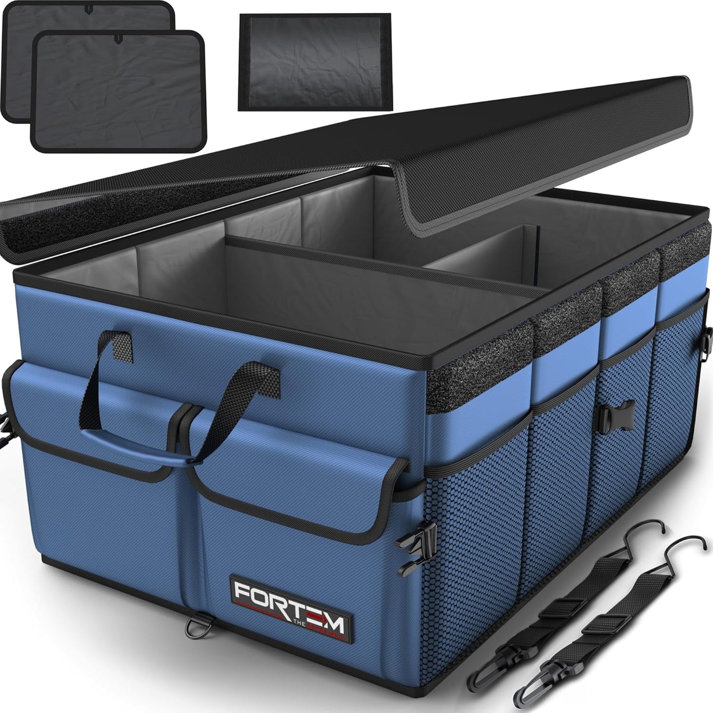 FORTEM Car Boot Organiser, Car Storage Organiser, Car Accessories, Collapsible Multi Compartment Car Organiser, Car Boot Tidy, Non Slip Bottom, Adjustable Securing Straps 65L (Black, Large)