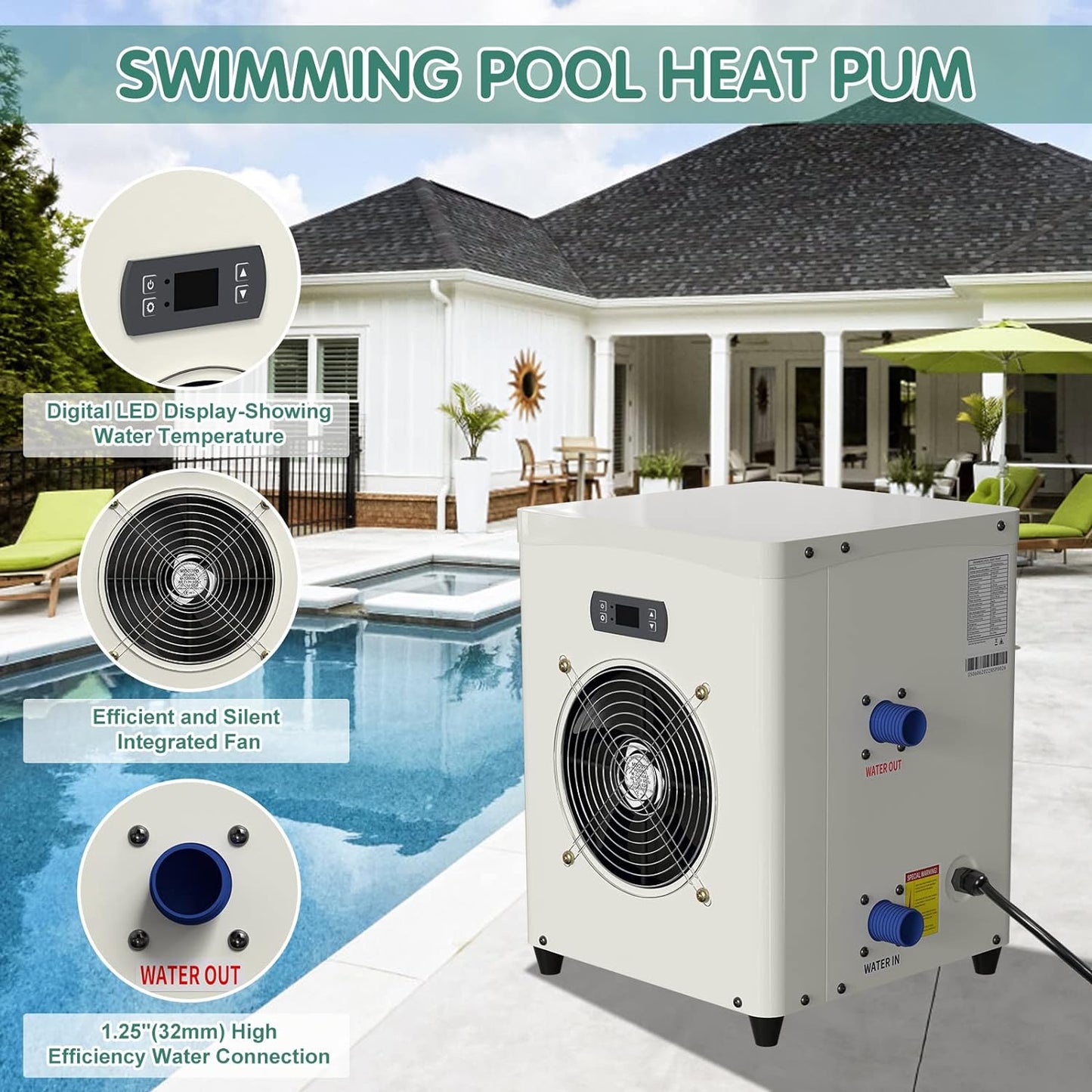 Pool Water Heater for Above Ground Pools,1.8 P Pool Heat Pump,14300 BTU/hr,Up to 2800 gallons,110V~120V/60Hz