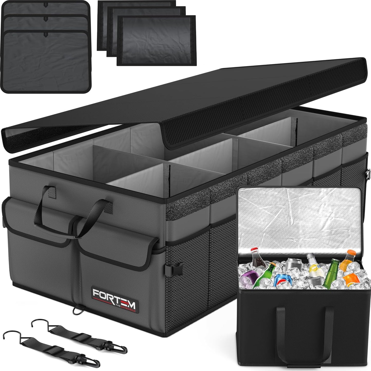 FORTEM Car Boot Organiser, Car Storage Organiser, Car Accessories, Collapsible Multi Compartment Car Organiser, Car Boot Tidy, Non Slip Bottom, Adjustable Securing Straps 65L (Black, Large)