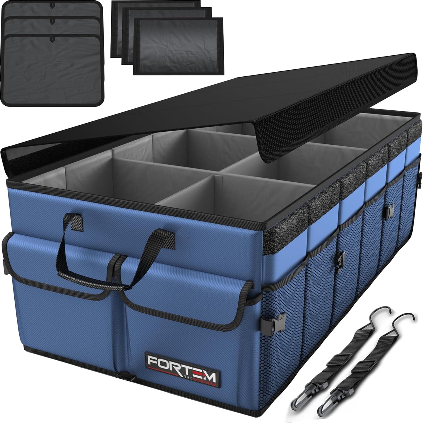 FORTEM Car Boot Organiser, Car Storage Organiser, Car Accessories, Collapsible Multi Compartment Car Organiser, Car Boot Tidy, Non Slip Bottom, Adjustable Securing Straps 65L (Black, Large)