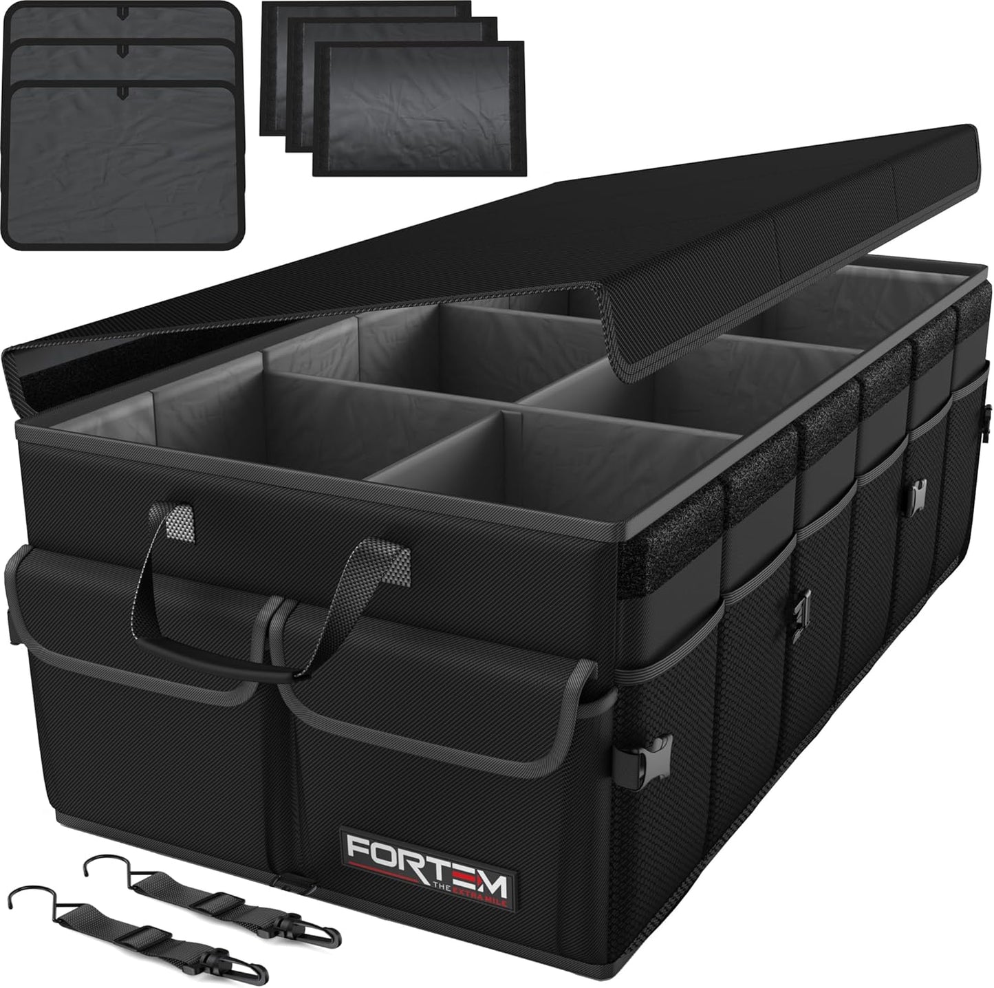 FORTEM Car Boot Organiser, Car Storage Organiser, Car Accessories, Collapsible Multi Compartment Car Organiser, Car Boot Tidy, Non Slip Bottom, Adjustable Securing Straps 65L (Black, Large)