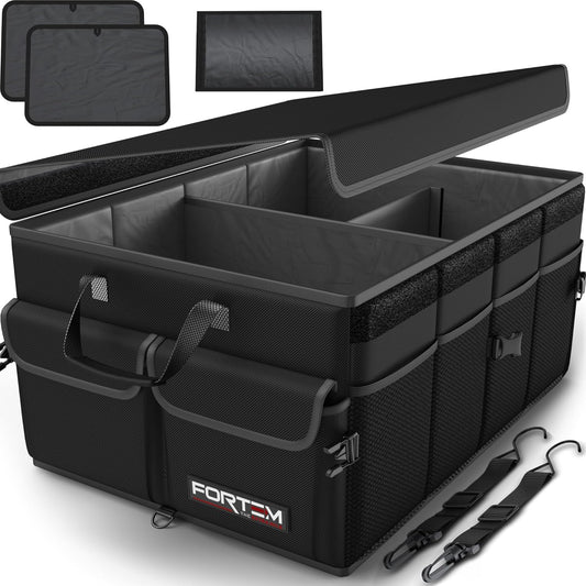 FORTEM Car Boot Organiser, Car Storage Organiser, Car Accessories, Collapsible Multi Compartment Car Organiser, Car Boot Tidy, Non Slip Bottom, Adjustable Securing Straps 65L (Black, Large)