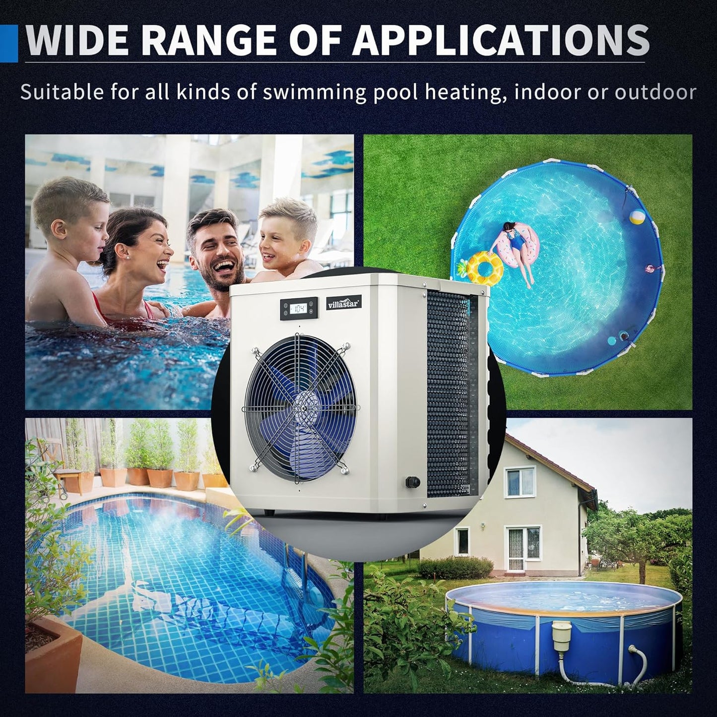 Pool Heater for Above Ground Pool, Pool Heater for Inground Pools, Pool Heaters Pumps 16000 BTU/hr Up to 5000 gallons, Fit 15/18/24 Foot Pool, 110V 120V Electric Pool Heat Pump Above Ground