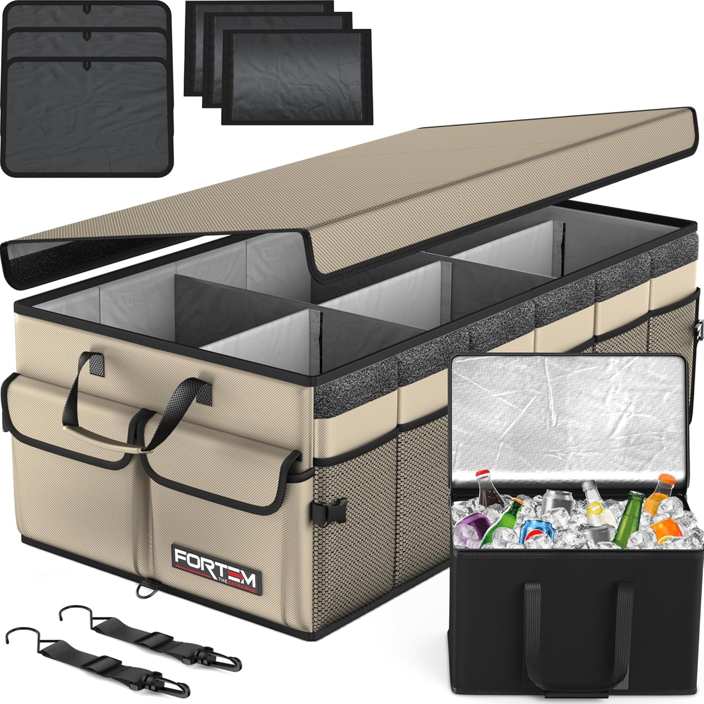 FORTEM Car Boot Organiser, Car Storage Organiser, Car Accessories, Collapsible Multi Compartment Car Organiser, Car Boot Tidy, Non Slip Bottom, Adjustable Securing Straps 65L (Black, Large)
