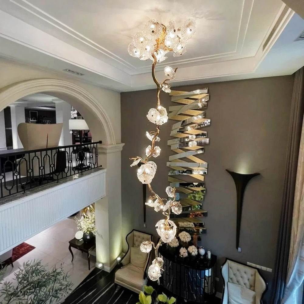 ART DECO Staircase Chandelier Long Led Copper Light for Large Hallway Lobby Loft Villa Glass Lamp Stair Home  Decorative