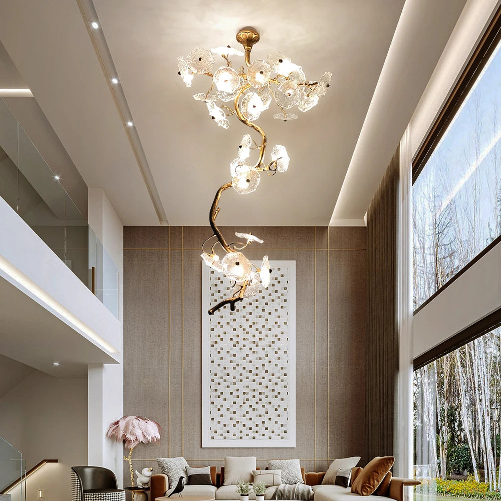 ART DECO Staircase Chandelier Long Led Copper Light for Large Hallway Lobby Loft Villa Glass Lamp Stair Home  Decorative