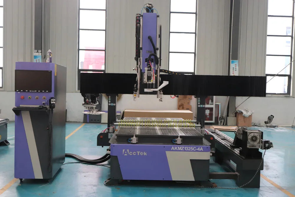 AccTek 4 Axis Cnc Router Machine Included Oscillation Knife Cutting Head Auto Tool Change with Rotary Device