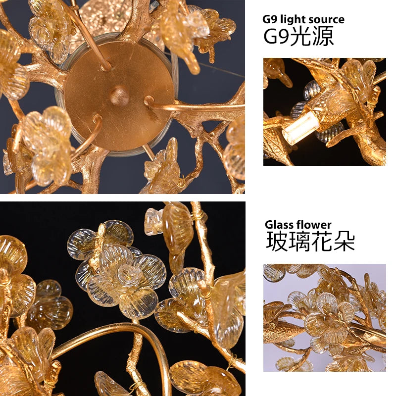 All Copper Chandelier Post-Modern Creative Lamp in the Living Room Chinese Glass Villa Tea Room Decoration Restaurant Lamps