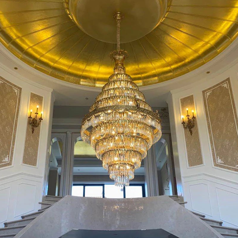 All-Copper Crystal Long Chandelier Stair Duplex Living Room Creative Luxury Villa Atmospheric Lamps