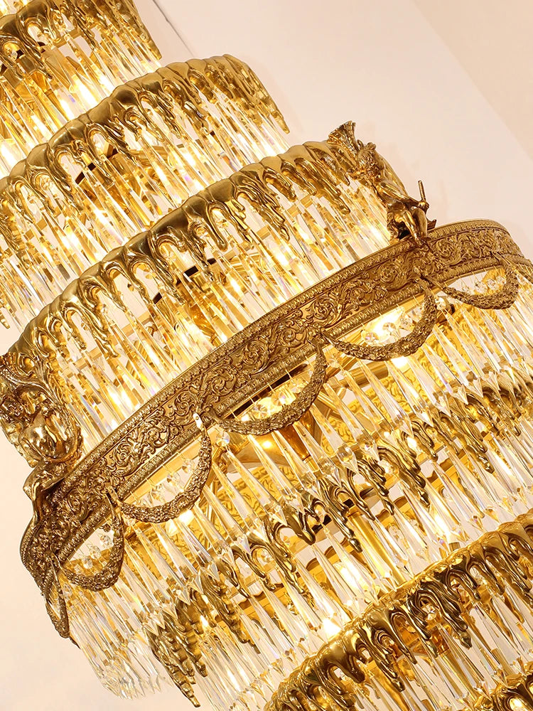 All-Copper Crystal Long Chandelier Stair Duplex Living Room Creative Luxury Villa Atmospheric Lamps