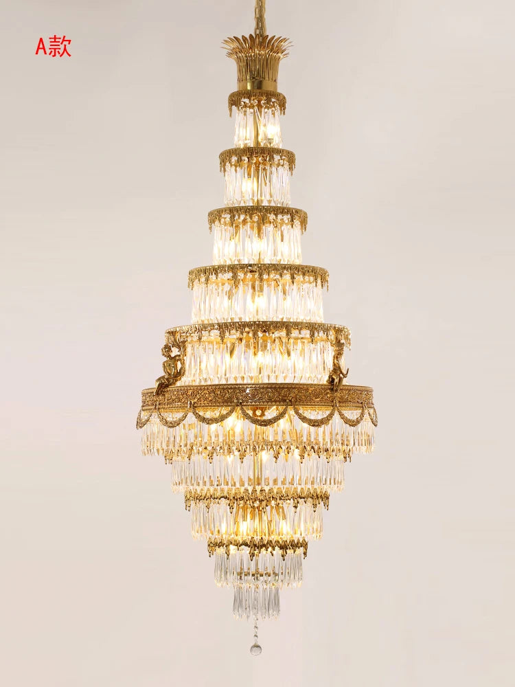 All-Copper Crystal Long Chandelier Stair Duplex Living Room Creative Luxury Villa Atmospheric Lamps