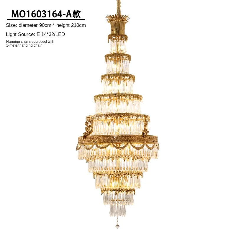 All-Copper Crystal Long Chandelier Stair Duplex Living Room Creative Luxury Villa Atmospheric Lamps