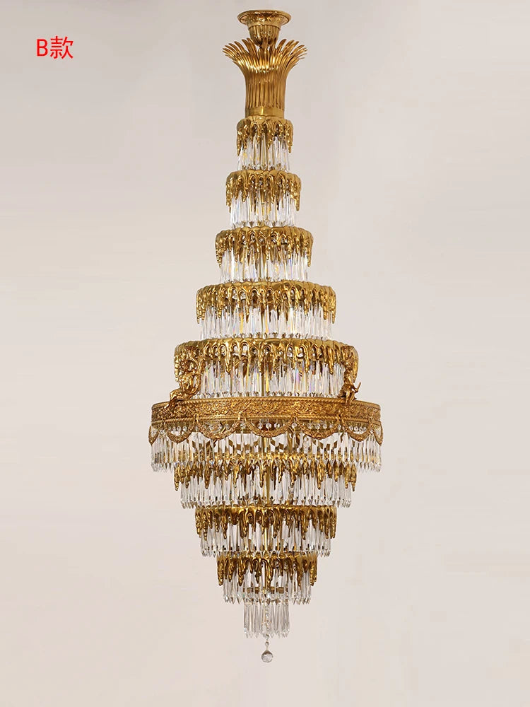 All-Copper Crystal Long Chandelier Stair Duplex Living Room Creative Luxury Villa Atmospheric Lamps