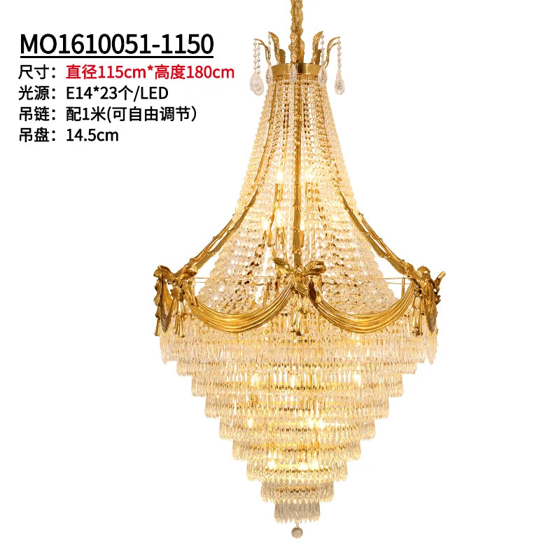 All Copper Luxury Chandelier Vintage Upscale Villa Crystal Living Room Duplex Building Stair Light