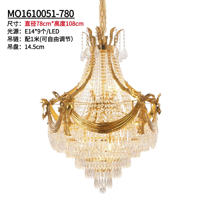 All Copper Luxury Chandelier Vintage Upscale Villa Crystal Living Room Duplex Building Stair Light