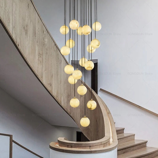 All Copper Marble Chandelier New Chinese Style Simple Rotary Duplex Stairwell Light Northern Europe Jump Floor Villa Living Room