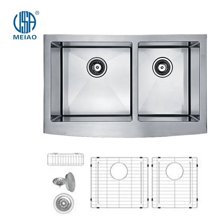 Amazon Reliable Sink Supplier Stainless Steel 304 16 Gauge Farmhouse Sink Classic Apron Front Double Bowl Sink