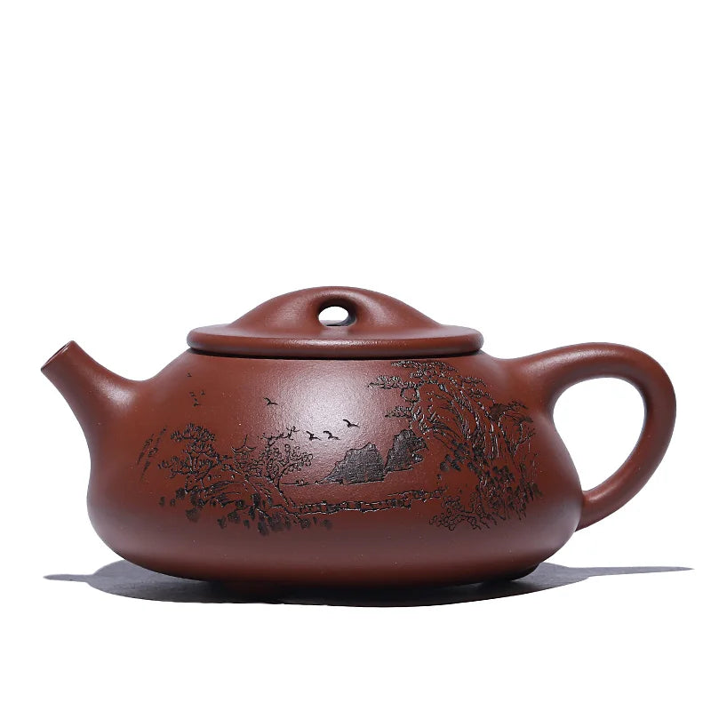 Authentic Yixing Purple Clay Pot, Fully Handmade Kung Fu Tea Original Mine Bottom Trough, Pure Handcarved Landscape, Boat,