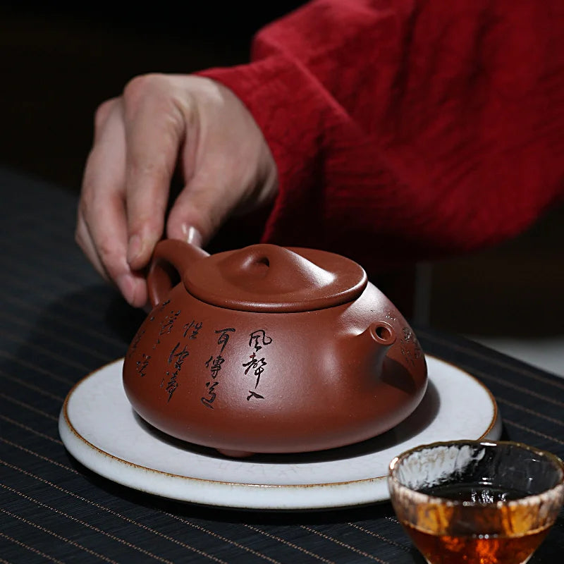 Authentic Yixing Purple Clay Pot, Fully Handmade Kung Fu Tea Original Mine Bottom Trough, Pure Handcarved Landscape, Boat,