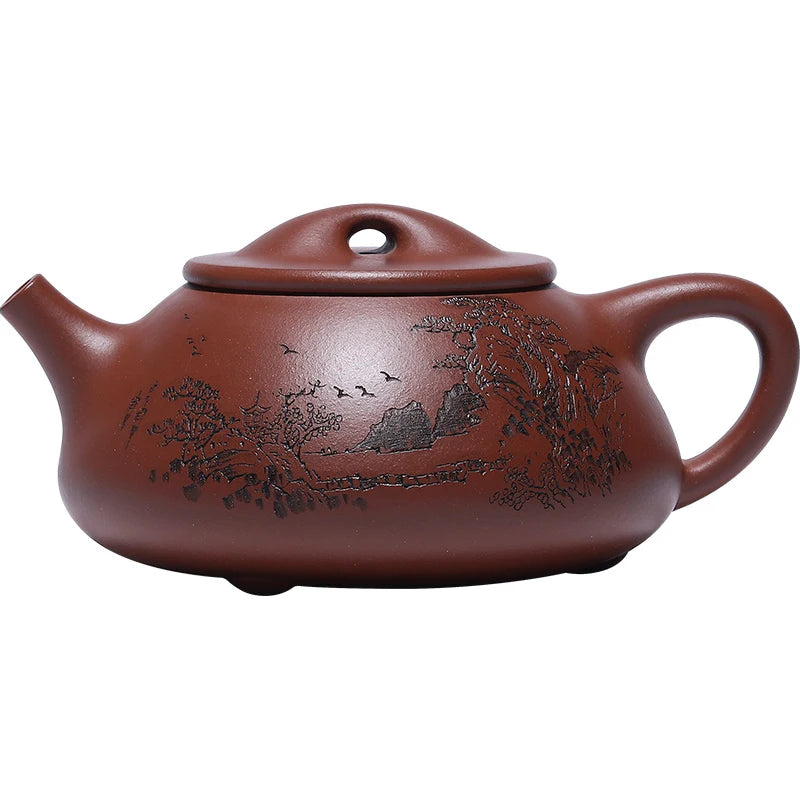 Authentic Yixing Purple Clay Pot, Fully Handmade Kung Fu Tea Original Mine Bottom Trough, Pure Handcarved Landscape, Boat,