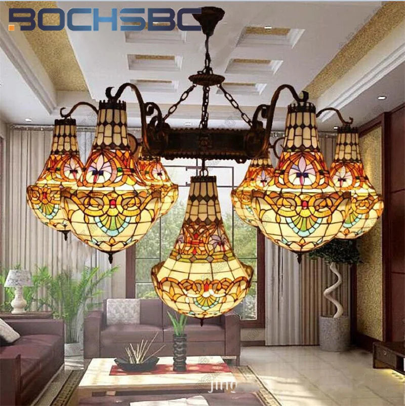BOCHSBC Tiffany stained glass tulip pattern Baroque European chandelier Hotel Living room Bedroom light Restaurant Villa LEDdeco
