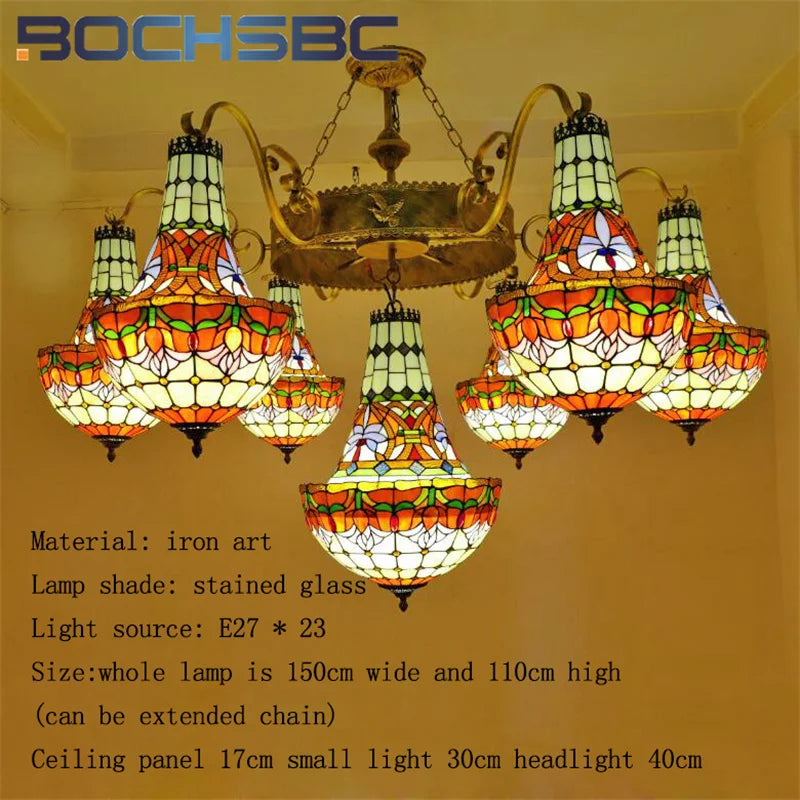 BOCHSBC Tiffany stained glass tulip pattern Baroque European chandelier Hotel Living room Bedroom light Restaurant Villa LEDdeco