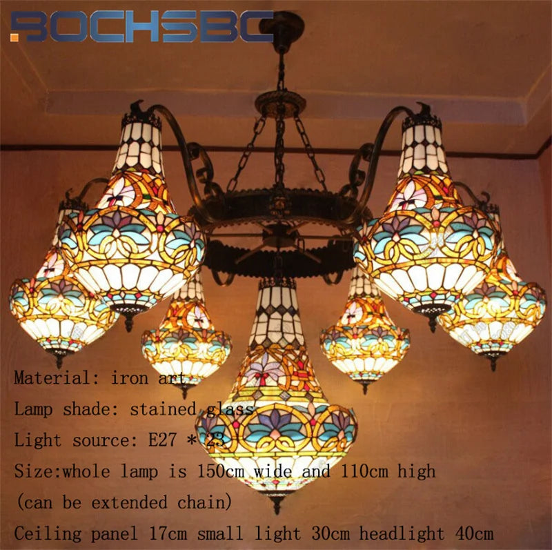 BOCHSBC Tiffany stained glass tulip pattern Baroque European chandelier Hotel Living room Bedroom light Restaurant Villa LEDdeco