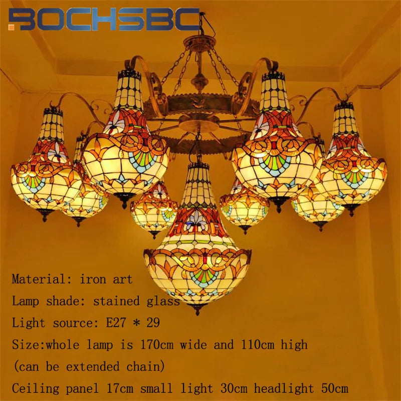 BOCHSBC Tiffany stained glass tulip pattern Baroque European chandelier Hotel Living room Bedroom light Restaurant Villa LEDdeco