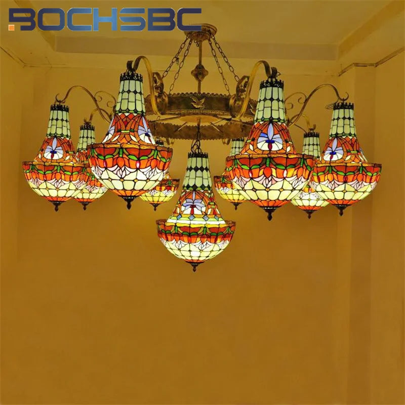 BOCHSBC Tiffany stained glass tulip pattern Baroque European chandelier Hotel Living room Bedroom light Restaurant Villa LEDdeco