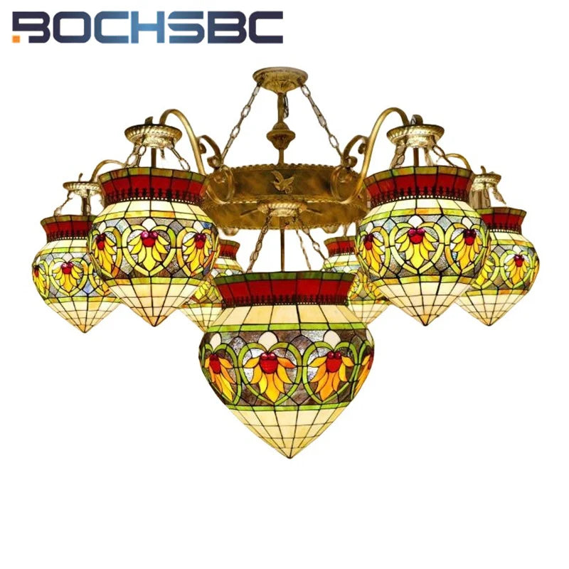 BOCHSBC Tiffany stained glass tulip pattern Baroque European chandelier Hotel Living room Bedroom light Restaurant Villa LEDdeco