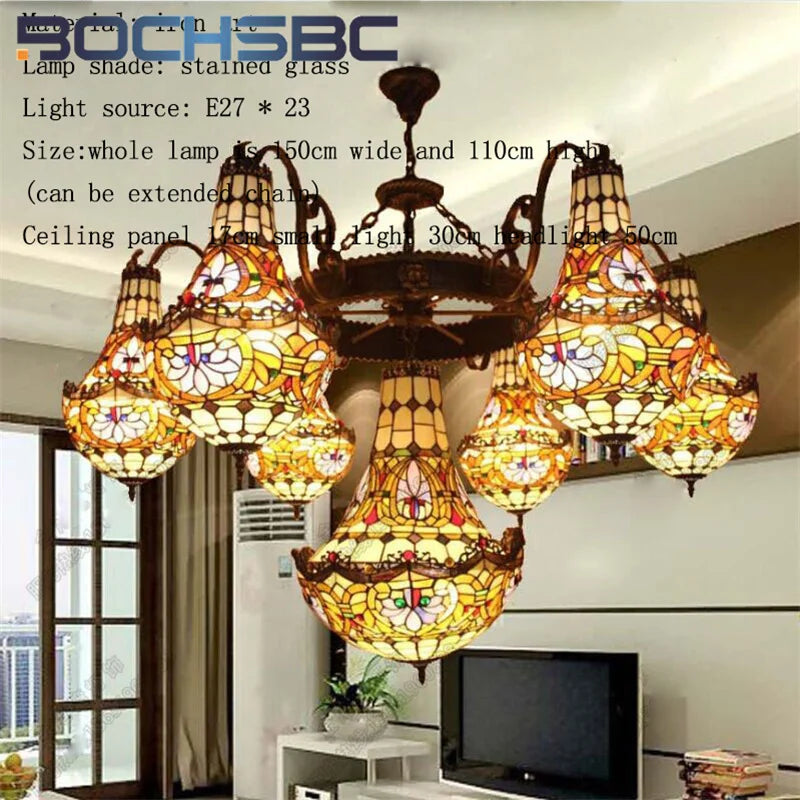 BOCHSBC Tiffany stained glass tulip pattern Baroque European chandelier Hotel Living room Bedroom light Restaurant Villa LEDdeco