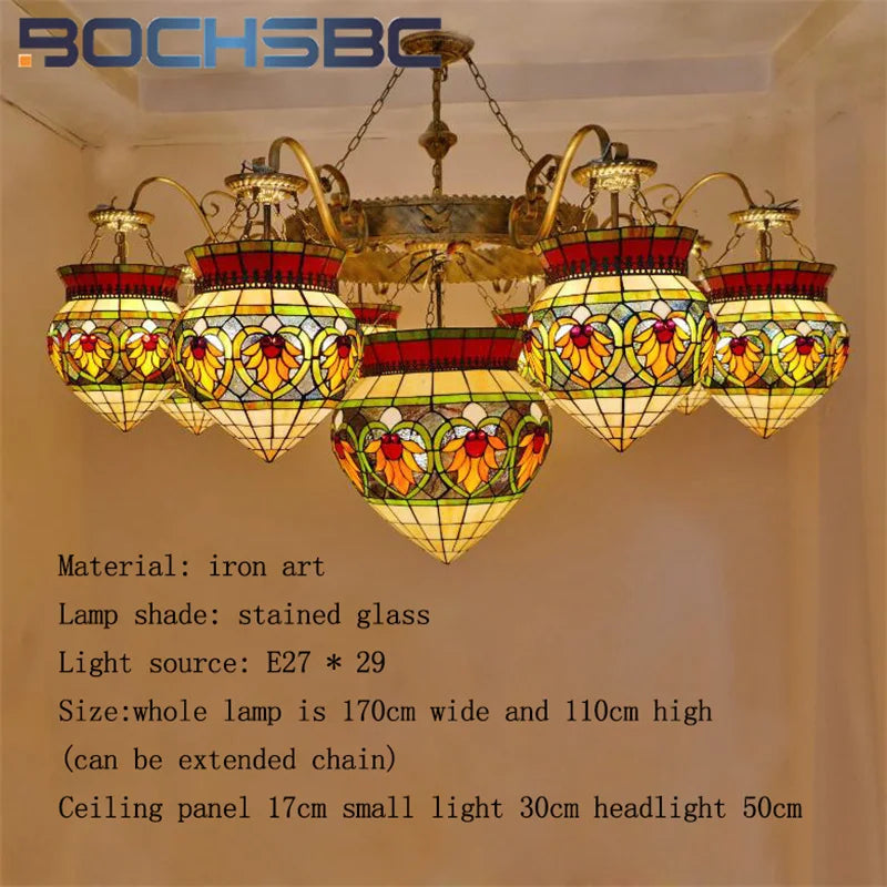 BOCHSBC Tiffany stained glass tulip pattern Baroque European chandelier Hotel Living room Bedroom light Restaurant Villa LEDdeco