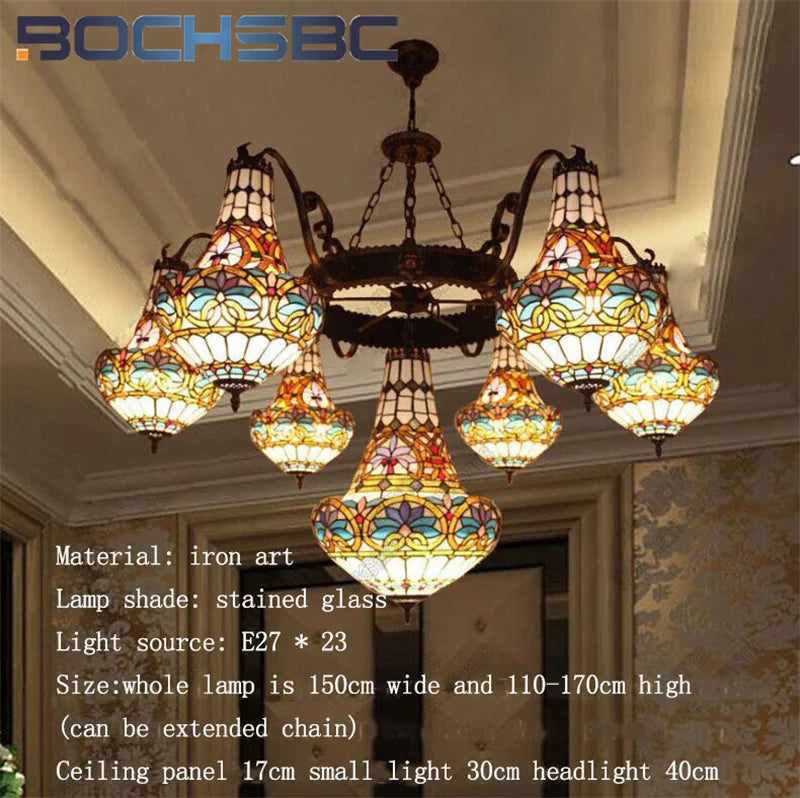BOCHSBC Tiffany stained glass tulip pattern Baroque European chandelier Hotel Living room Bedroom light Restaurant Villa LEDdeco