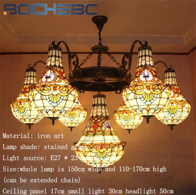 BOCHSBC Tiffany stained glass tulip pattern Baroque European chandelier Hotel Living room Bedroom light Restaurant Villa LEDdeco