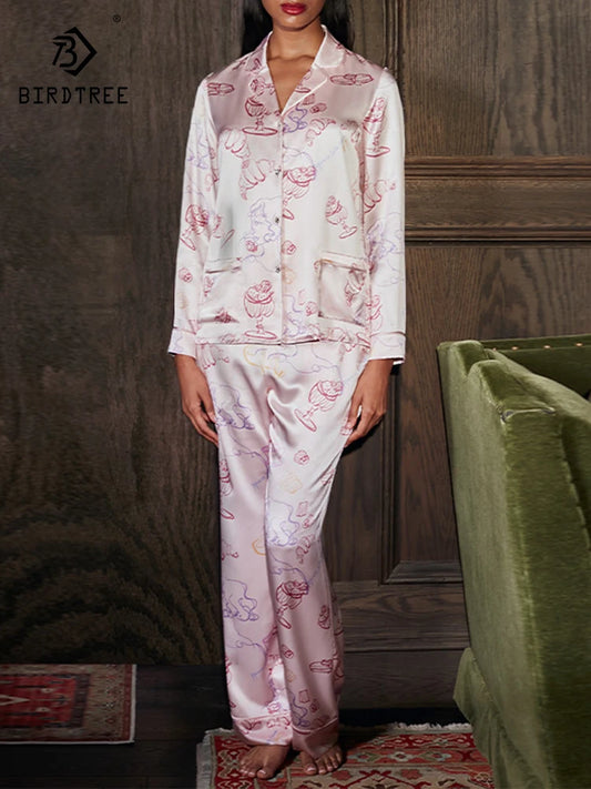 BirdTree, 22MM 100%Mulberry Silk Casual Pajamas Set, Women Long Sleeve Top Pants, Print Home Clothing Set, Summer Fall  S48840QC
