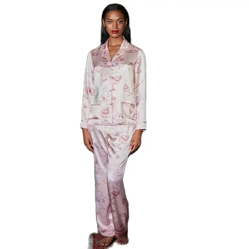 BirdTree, 22MM 100%Mulberry Silk Casual Pajamas Set, Women Long Sleeve Top Pants, Print Home Clothing Set, Summer Fall  S48840QC