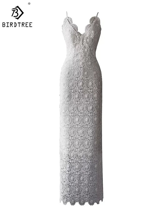 BirdTree, Lining 100%Mulberry Silk Dresses, Women Spaghetti Strap Lace Embroidery, High End Design Party Dress, Summer D43575QM