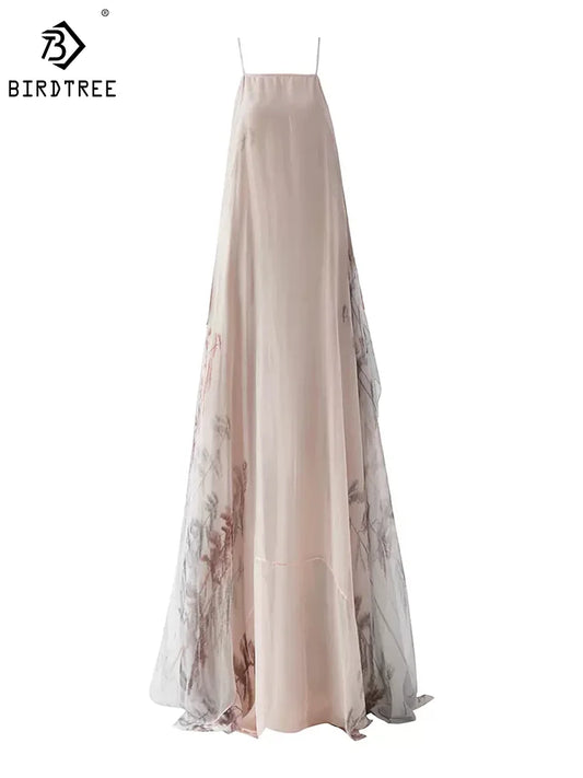 BirdTree, Mulberry Silk Chiffon Dresses For Women, Spaghetti Strap Floral, Loose High End Party Dress, 2024 Summer New, D43501QM