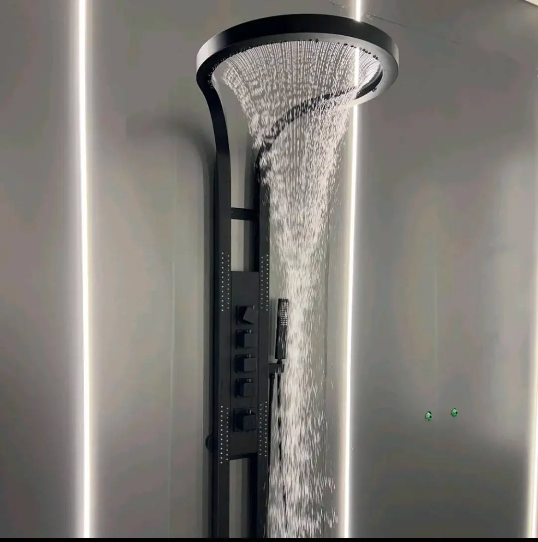 Black Brass Copper Wall Mounted Multifunction Bathroom Waterfall Rainfall Shower Head Set System Panel 2025 Tiktok Hot Sale