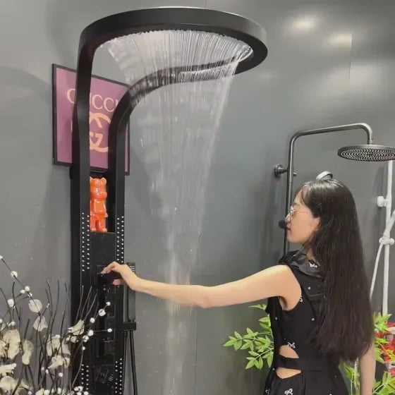 Black Brass Copper Wall Mounted Multifunction Bathroom Waterfall Rainfall Shower Head Set System Panel 2025 Tiktok Hot Sale