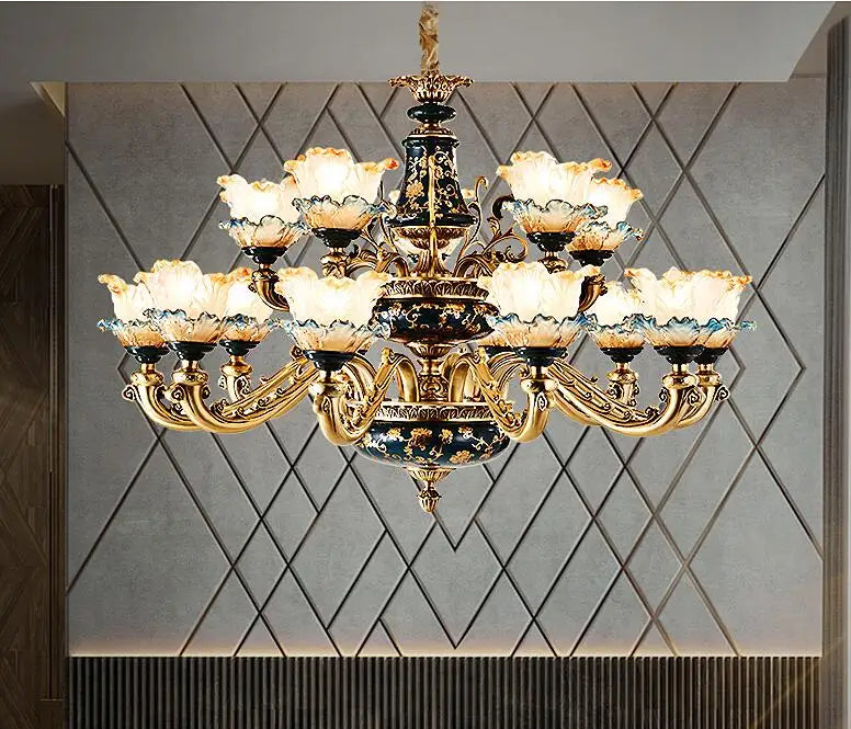 Ceramic all copper chandelier villa living room French luxury bedroom dining room lamp