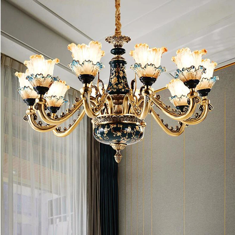 Ceramic all copper chandelier villa living room French luxury bedroom dining room lamp