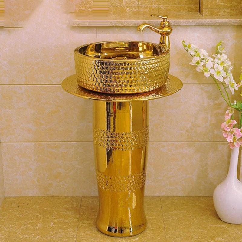 Ceramic column washbasin European-style golden washbasin bar basin floor-to-wall balcony column basin