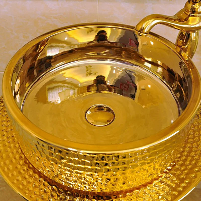 Ceramic column washbasin European-style golden washbasin bar basin floor-to-wall balcony column basin