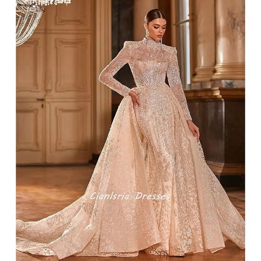 Champagne Long Sleeve Crystal Sequined Dubai Mermaid Wedding Dress Detachable Train Illusion High Neck Saudi Arabic Bridal Gowns