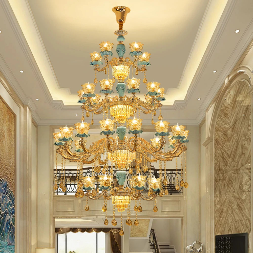 Chandelier European-Style Crystal Lamp Ceramic Three-Layer Living Room and Hotel Staircase Duplex Villa Lamps