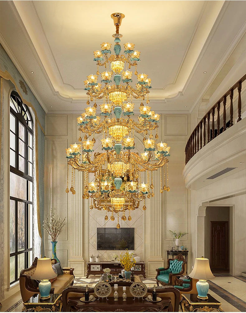 Chandelier European-Style Crystal Lamp Ceramic Three-Layer Living Room and Hotel Staircase Duplex Villa Lamps