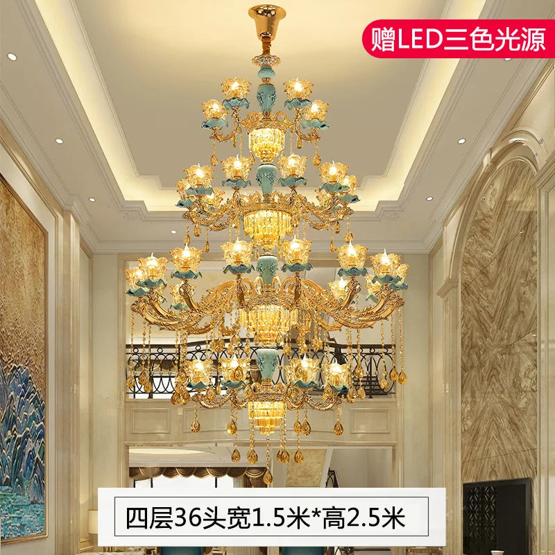Chandelier European-Style Crystal Lamp Ceramic Three-Layer Living Room and Hotel Staircase Duplex Villa Lamps