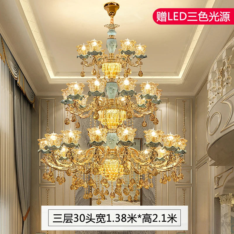 Chandelier European-Style Crystal Lamp Ceramic Three-Layer Living Room and Hotel Staircase Duplex Villa Lamps