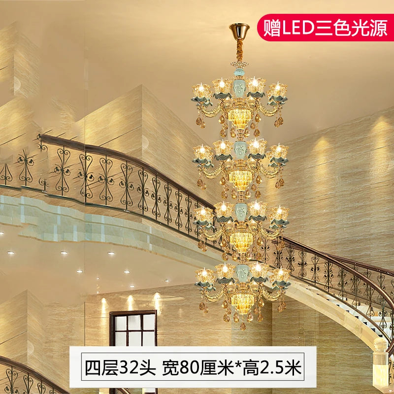 Chandelier European-Style Crystal Lamp Ceramic Three-Layer Living Room and Hotel Staircase Duplex Villa Lamps